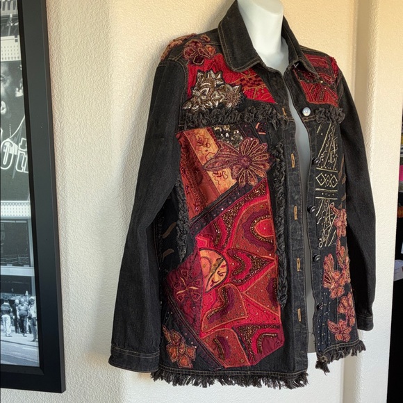 CHICO'S Embellished Denim Jacket, dark brown & red; embroidery, studs, beads. L - Picture 3 of 17